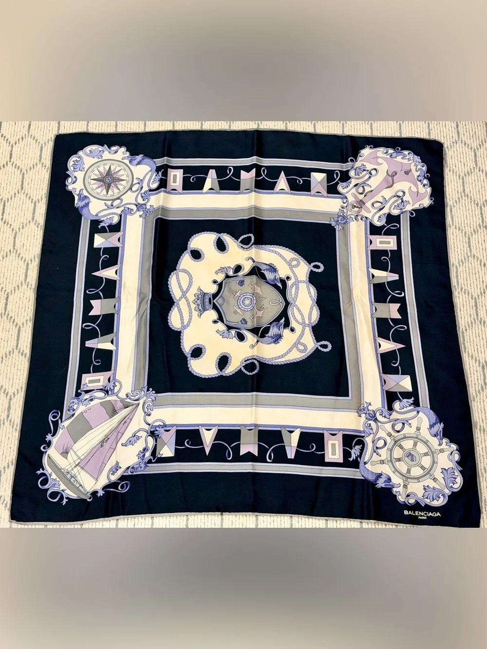 BALENCIAGA Vintage Rare Paris Y2K 100% Silk Nautical Maritime BLK/PRPLE Scarf